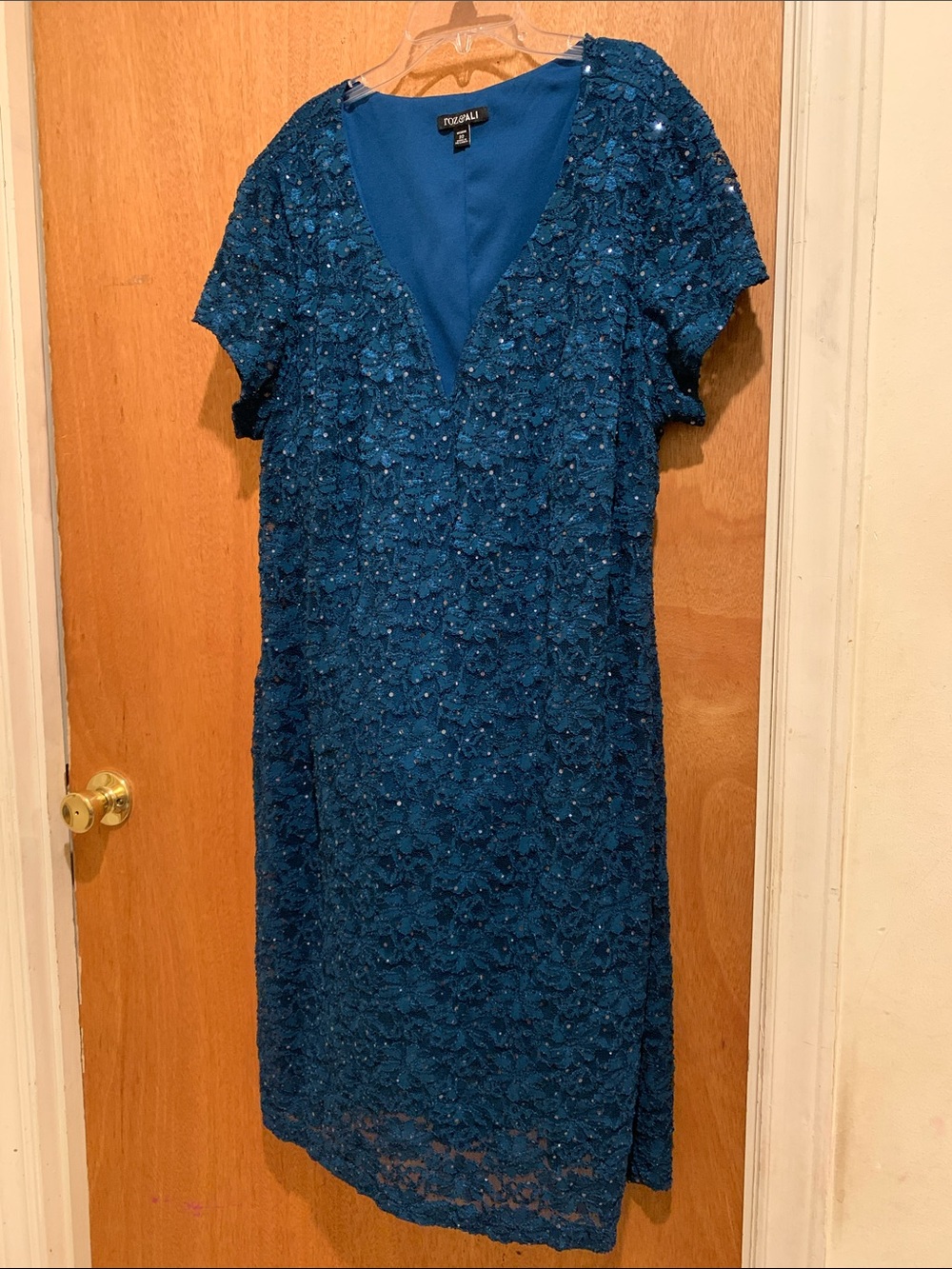 Roz & Ali Teal Sequin Short Sleeve V-Neck Dress